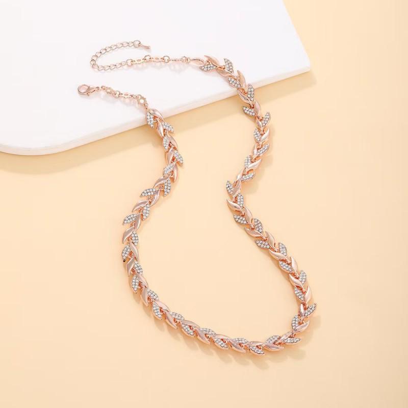 Elegant Leaf-Inspired Rhinestone Necklace Bracelet Set Women Gold Rose White Zinc Alloy Jewelry Party Occasion