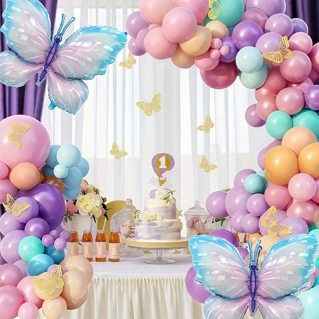 Purple Butterfly Balloon Set, Butterfly Aluminum Film and Macaron Latex Balloon for Graduation Ceremony Birthday