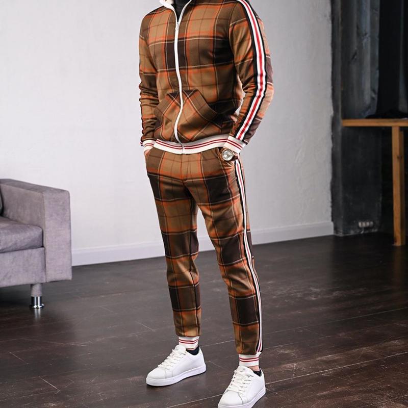 2023 Seturi de trening pentru bărbați, modă 3D în carouri, imprimeu la modă, îmbrăcăminte sport casual, primăvară, toamnă, jachetă + pantaloni, set 2 piese bărbat