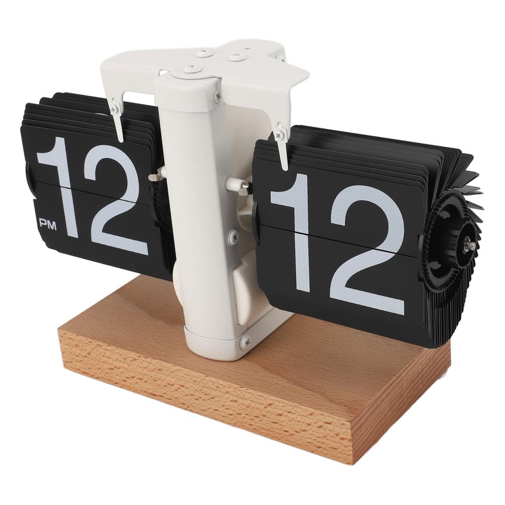 Flip Desk Clock Auto Mechanical Flip 12H AM PM Wood Base Battery Powered Vintage Retro Digital