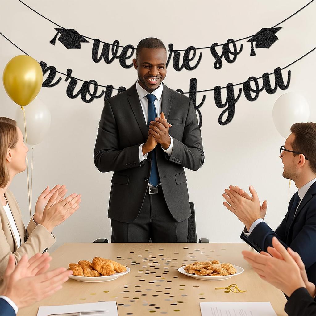 We Are So Proud of You Banner – Black Glitter Graduation Decorations 2025, Pre-Strung Congrats Grad Banner for College, High School, Senior Party,