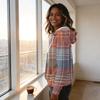 Women's Long Sleeve Drawstring Hoodie with Striped Plaid Print Pullover Sweatshirt