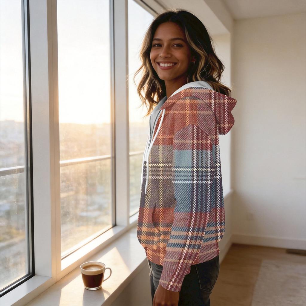 Women's Long Sleeve Drawstring Hoodie with Striped Plaid Print Pullover Sweatshirt