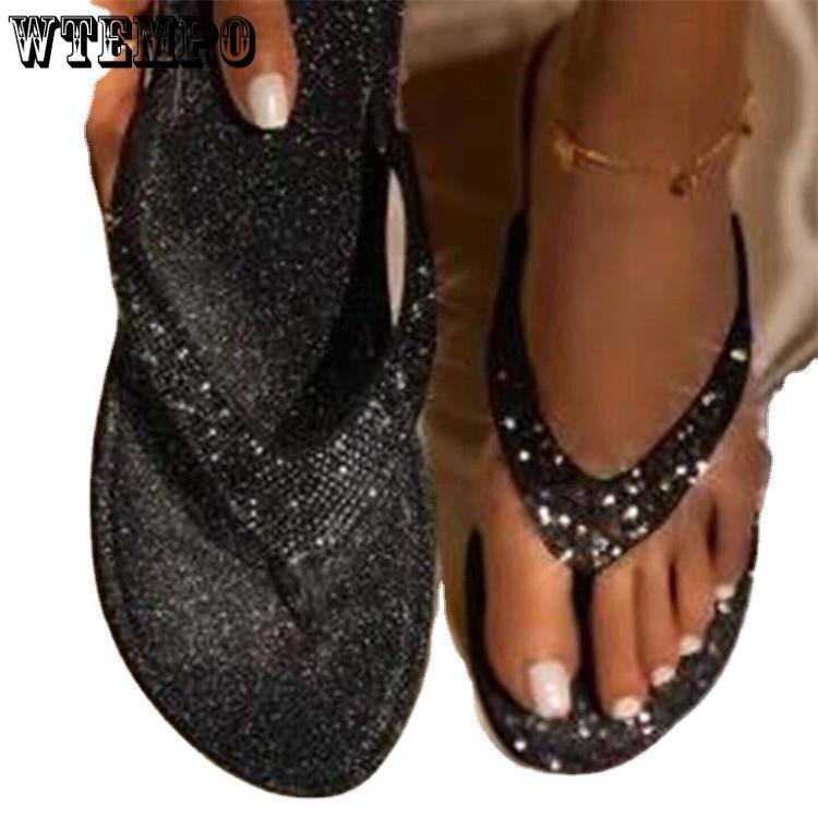 WTEMPO Women Summer Rhinestone Slip On Casual Open Toe Flat Soft Bottom Slippers Girl Flip Flop Wholesale Dropshipping