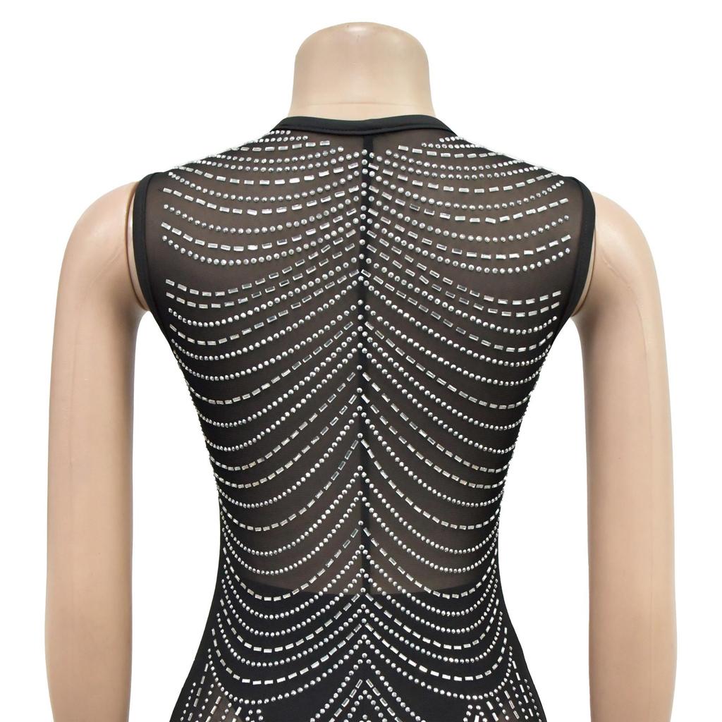 Damen Mode Einfarbige Netz-Ärmelloses Langes Kleid mit Heißbohr-Details