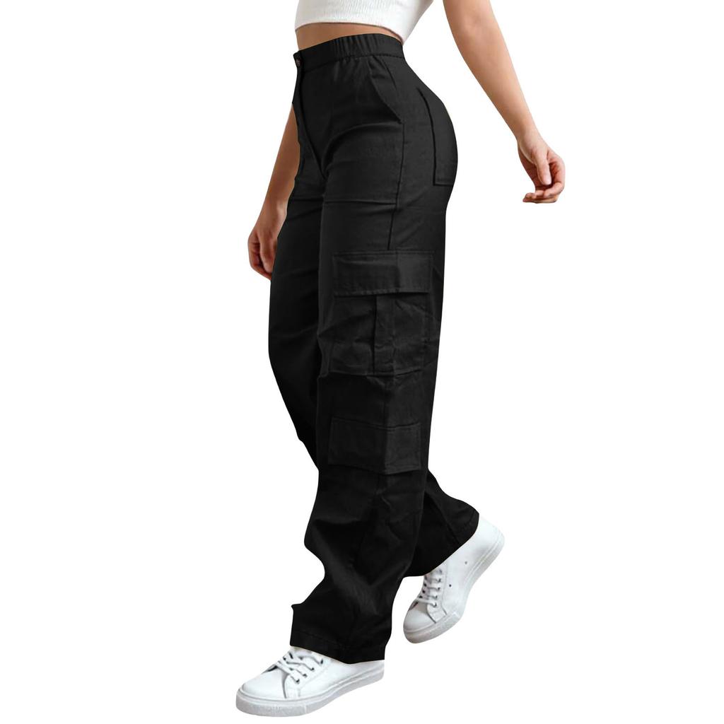 Womens Elastic High Waisted Cargo Pants Stretch Casual Wide Leg Streetwear Parachute Hiking Pants With Pockets