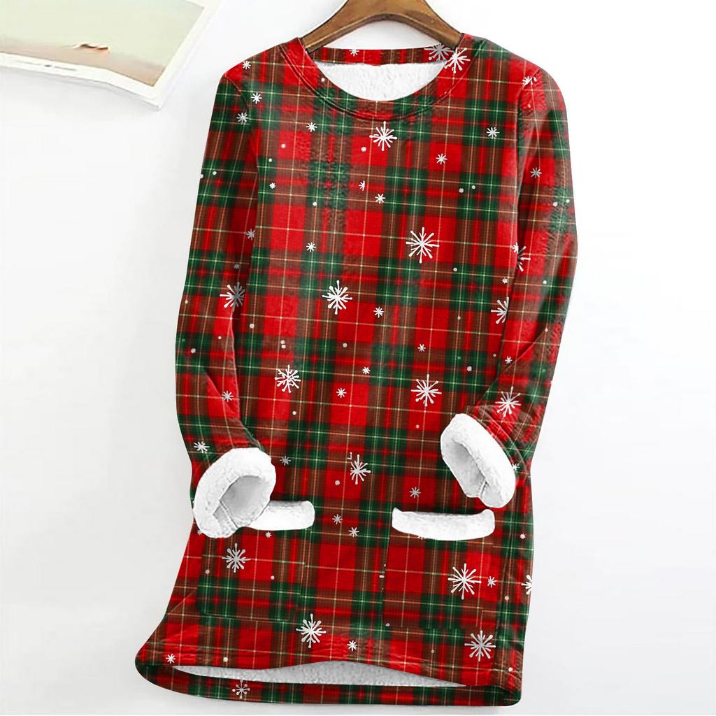 Women's Fashion Plaid Print Round Neck Long Sleeve Plush Winter Warm Pullover Top