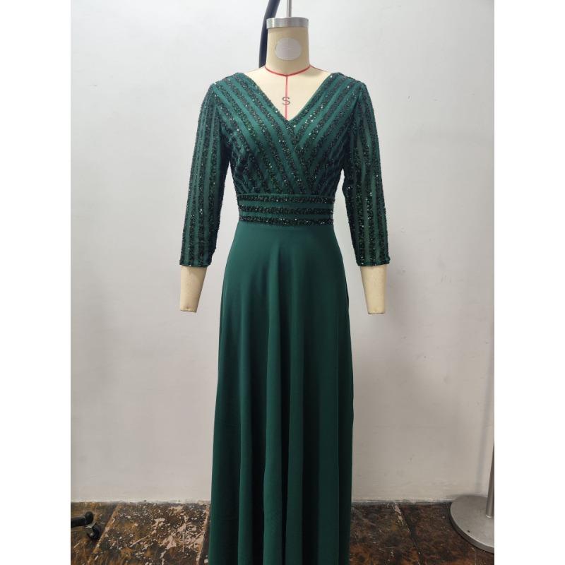 Abito da sera da donna in chiffon con scollo a V profondo, manica lunga, linea ad A, patchwork di paillettes