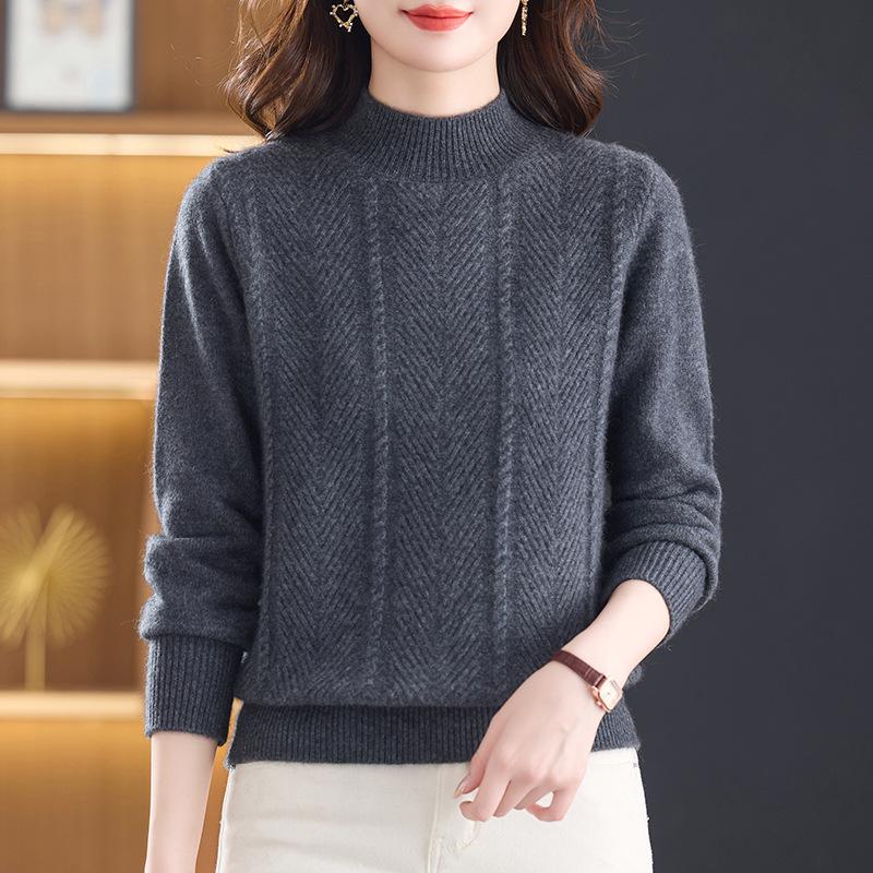 Stylish Autumn/Winter Women's Cashmere Sweater with Half-High Collar – Solid Color Thickened Wool Knitwear for Mid-Aged Mothers