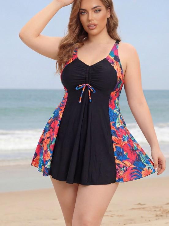 Plus Size Two-Piece Skirt Swimwear: Printed, Tummy Concealing, Slimming Boyshorts, Conservative Style, Ideal for Vacation or Hot Spring.