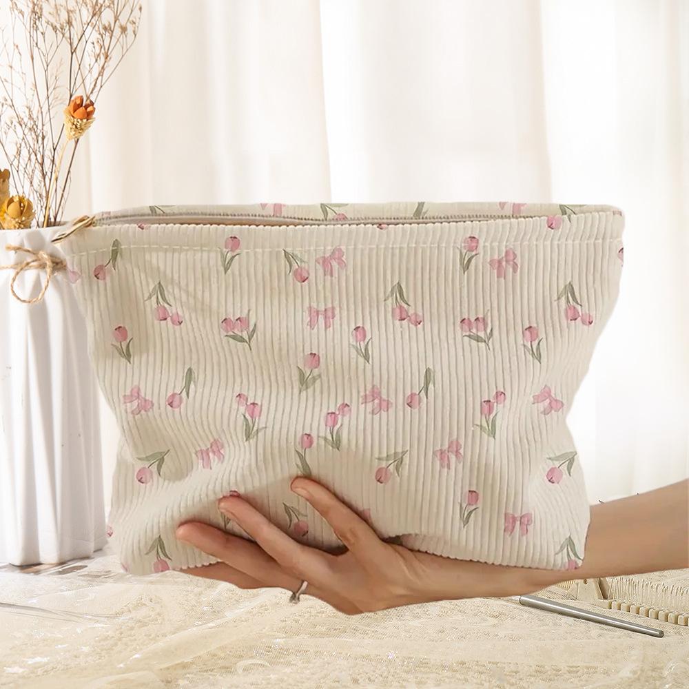 Cute Tulip Cosmetic Bag Gilrs Corduroy Zipper Makeup Organizer Toiletries Storage Pouch Gift Women Travel Portable Make Up Case