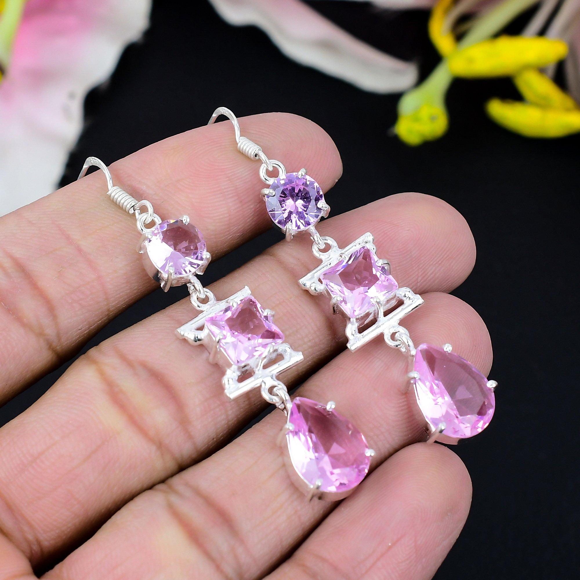 

Рожевий Кунцит Дорогоцінний Камінь Ручна Робота Срібло 925 Проби Ювелірна Прикраса Сережка 2.96 KG-433