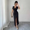 European and American New V-neck Crossed Metal Buckle Pleated Waist High Split Dress Women's Summer Dress