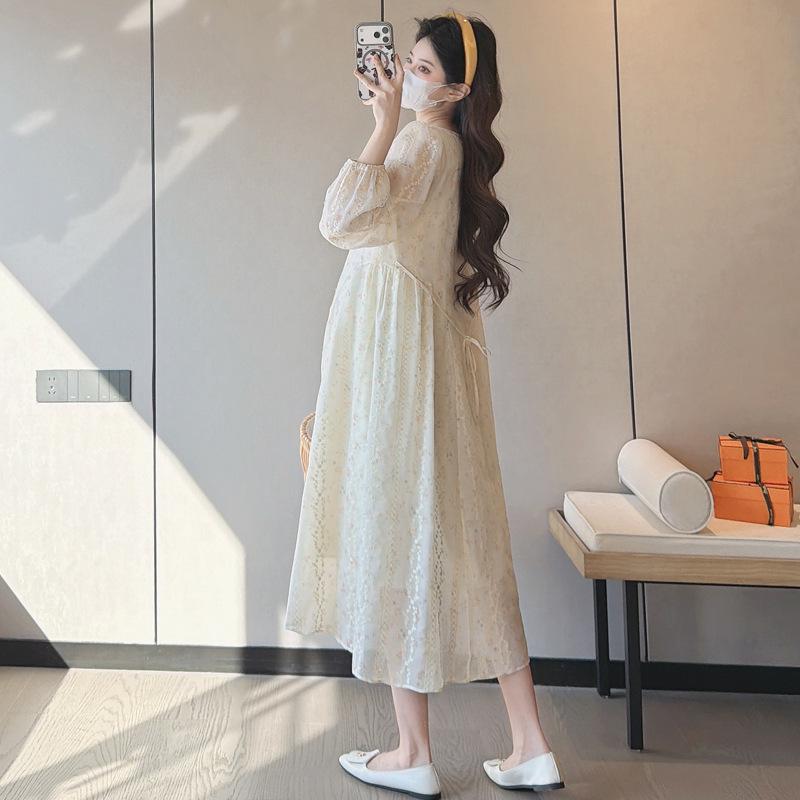 Spring 2026 Maternity Embroidered Square-Neck Maxi Dress - Sweet, Loose, and Fashionable 2XL