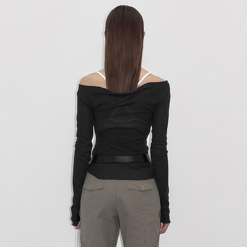 Y23TP642 Europäisch-Amerikanisches Mesh-Strick Ein-Schulter Print Durchsichtig Damen Top.