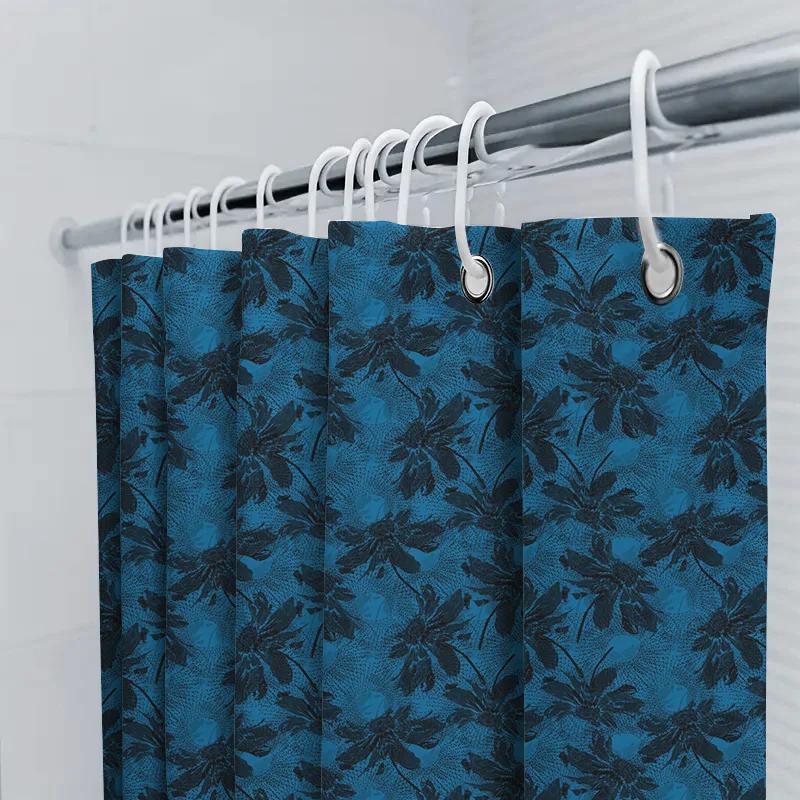 Luxury Blue Bath Shower Curtain With Waterproof Polyester Fabric, Dark Leaves Pattern, Suitable For Bathroom Decor Modern Floral
