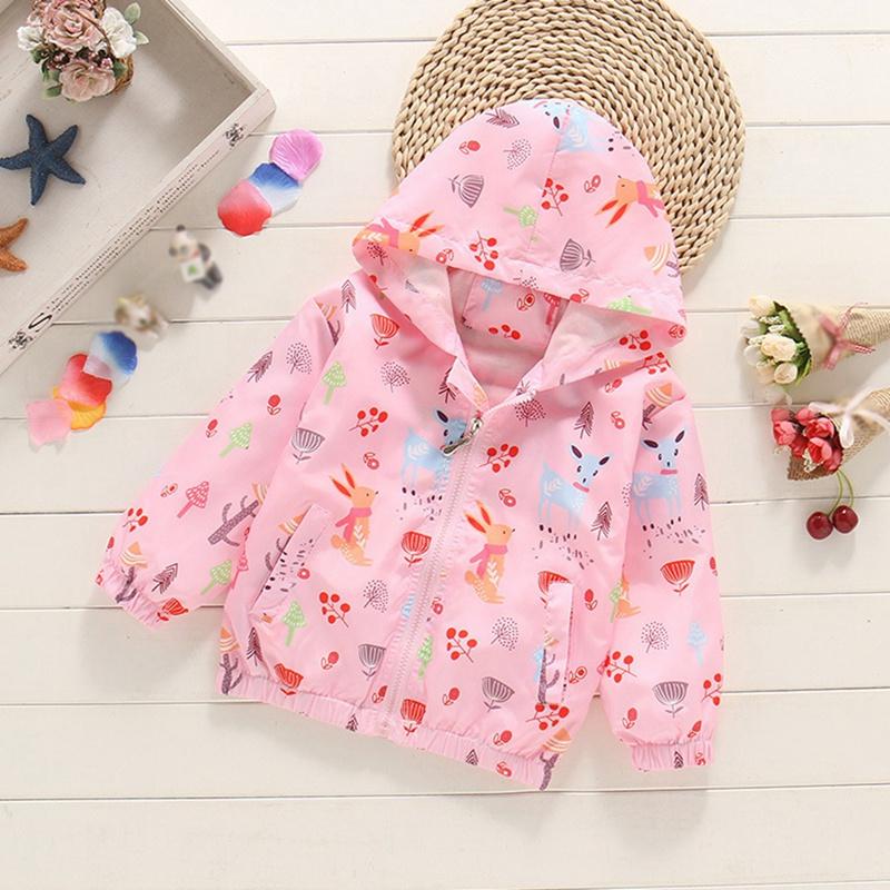 2-10 Years Kids Girls Printed Hooded Coat Thin Zipper Jacket