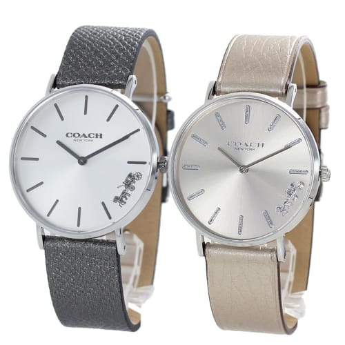 Coach Watches, Pair Watches, Storage Box, Men's and Women's, Metallic Gray and Champagne Gold, Leather Strap, 1450315514503853