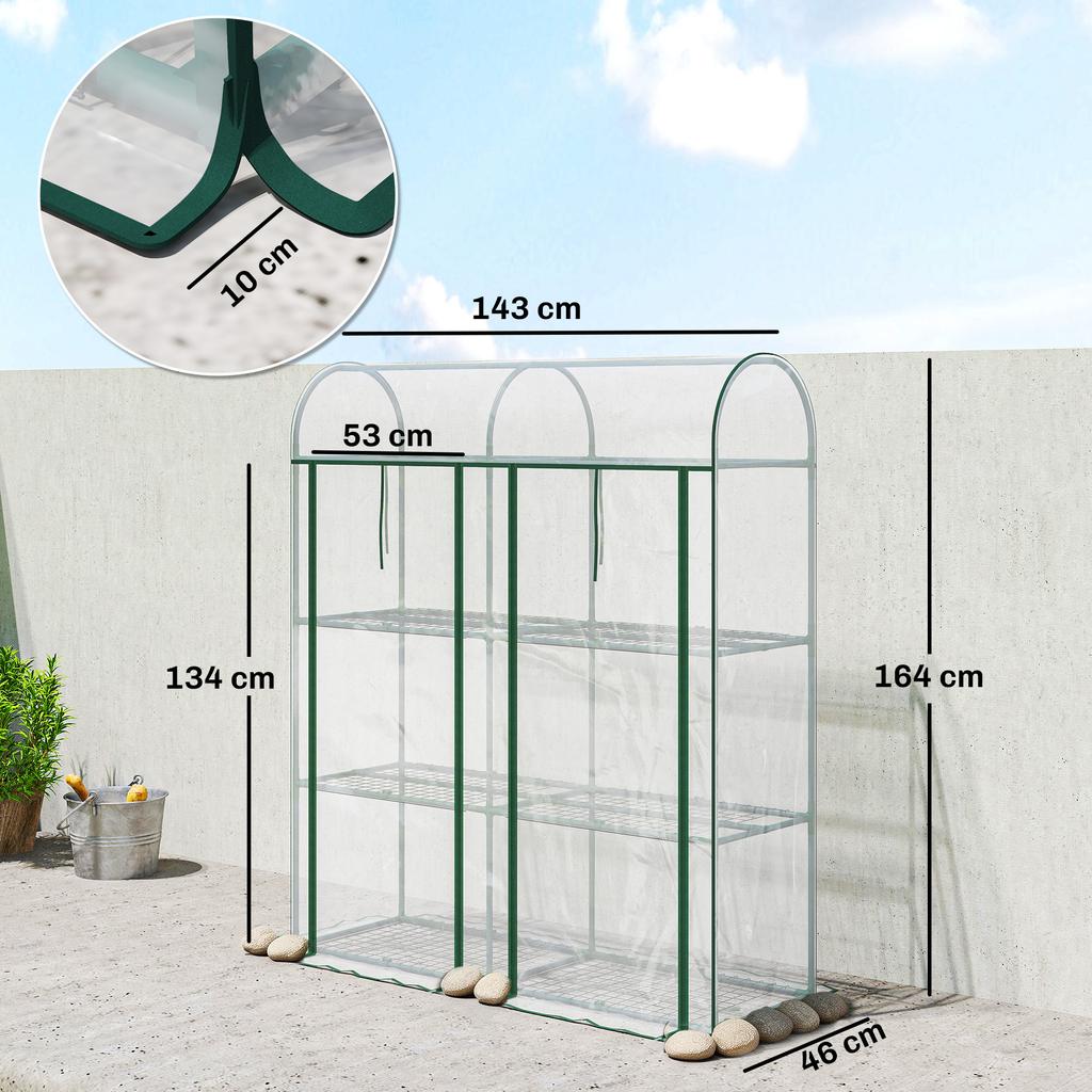 Small 3-Tier Greenhouse, 2 Roll-Up Doors, Steel Frame, Plastic Cover, 143 X 46 X 164 Cm, Transparent