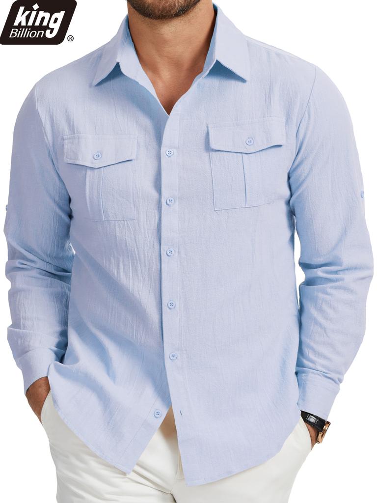 Herren Doppelpattentaschen Baumwolle Leinen Langarmhemd - Lässig Urlaub Einfaches Revers Uni Cargo Hemden Oberteile