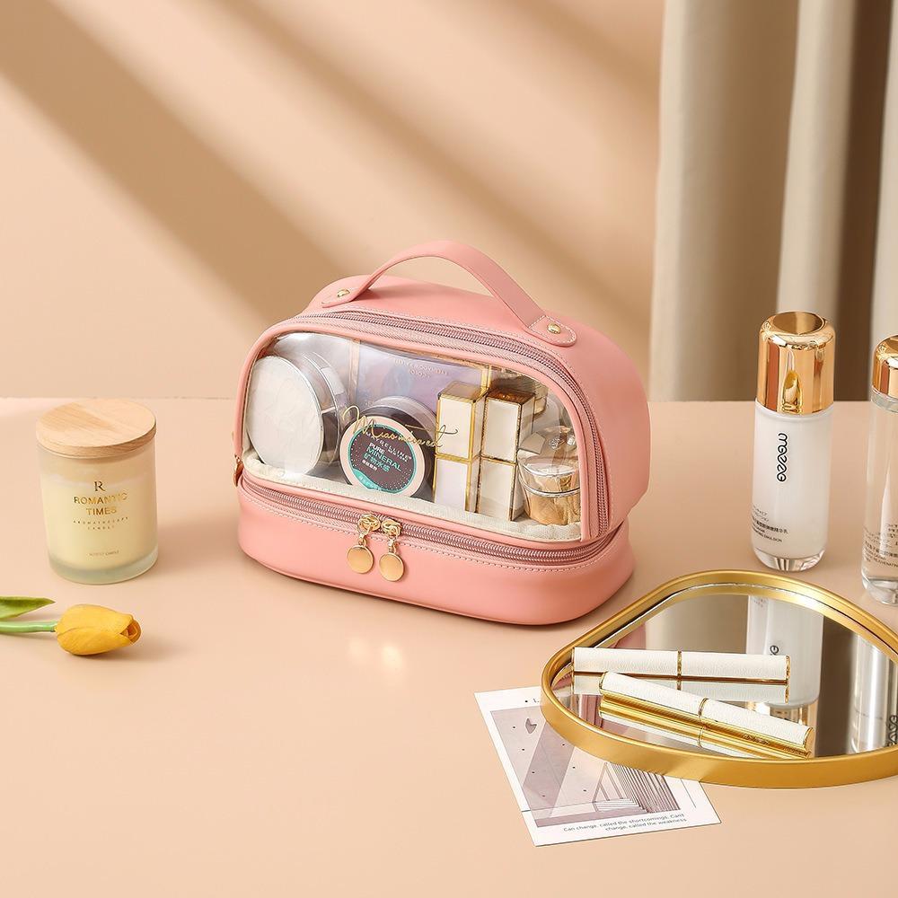 PU Double-Layer Transparent Makeup Bag - Large Capacity, Waterproof, Portable Toiletry Bag for Travel, Multi-Layer Storage