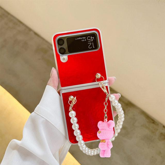 

Чехол для Samsung Z Flip 4 3, красочный лазерный блестящий жемчужный браслет, милый кожаный складной противоударный чехол с 3d медведем, аксессуары For Samsung Z Flip 4 красный