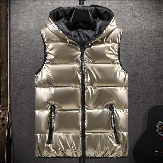 Autumn Winter Men Vest Cotton Padded Hood Solid Color Plus Size Bright Surface Thickened Jacket Streetwear