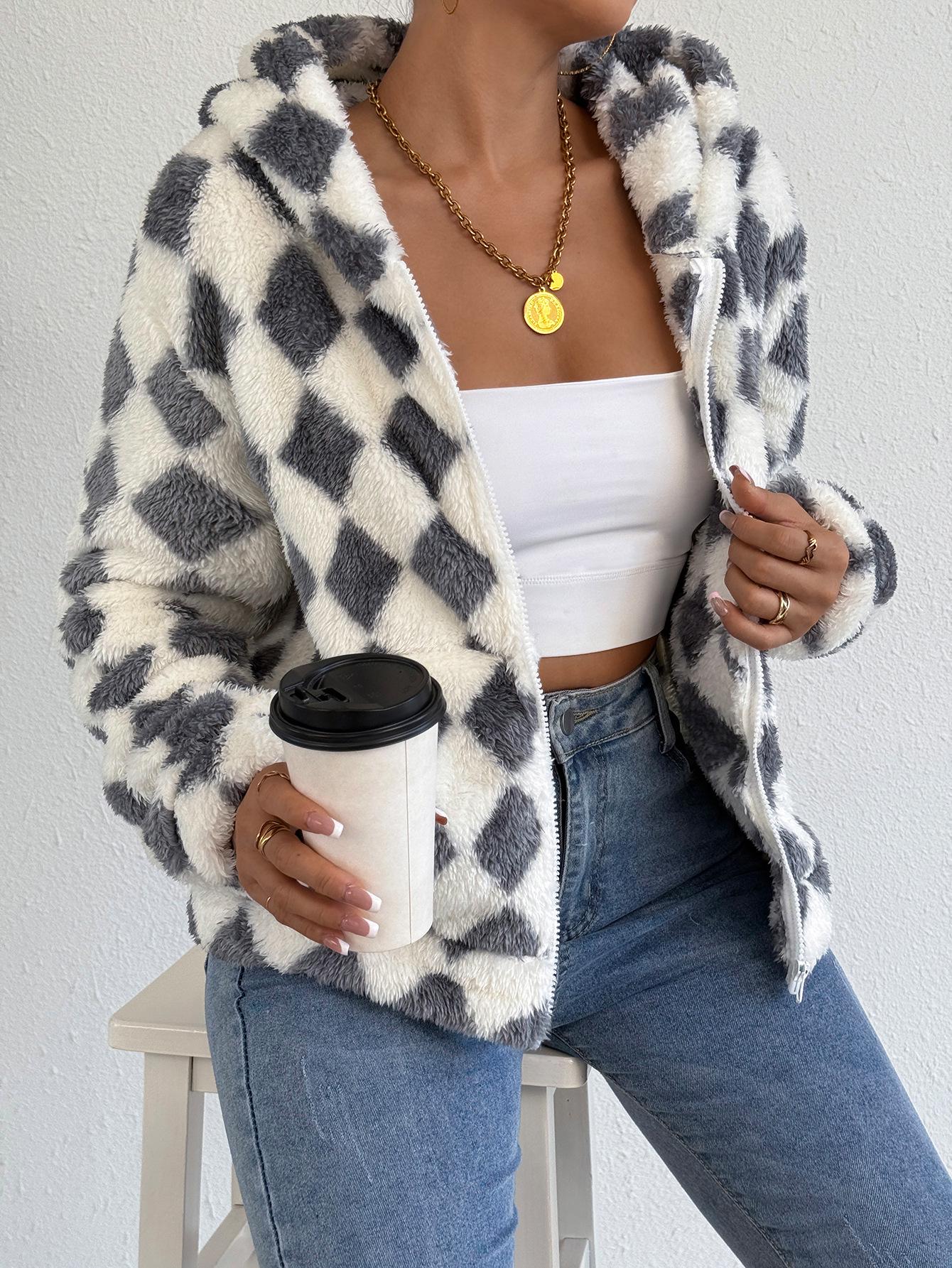 Two-Tone Geometric Fleece Cardigan Hoodie - Women s Casual Winter Jacket Medium