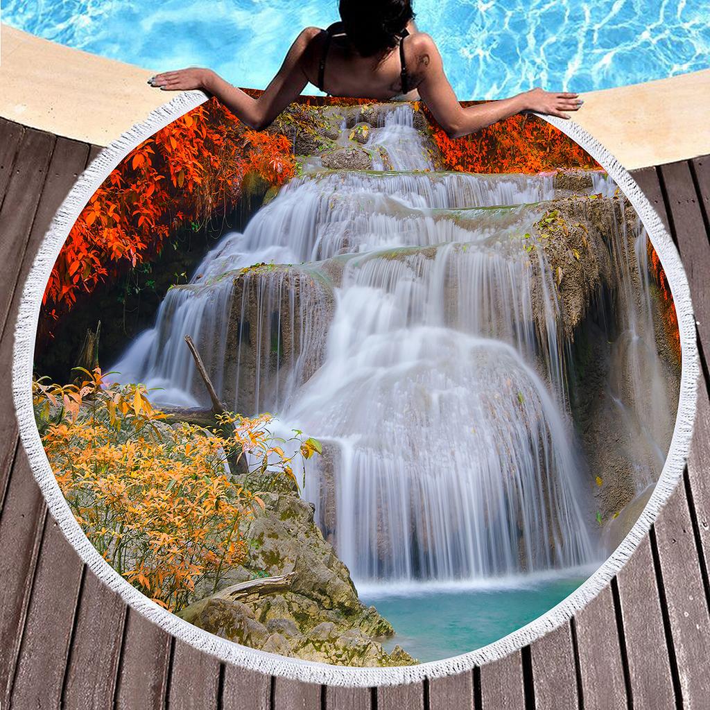 Natural Scenery Waterfall Round Beach Towel, Microfiber Circle Beach Blanket, Sand Free Quick Dry Pool Towel Portable Picnic Mat