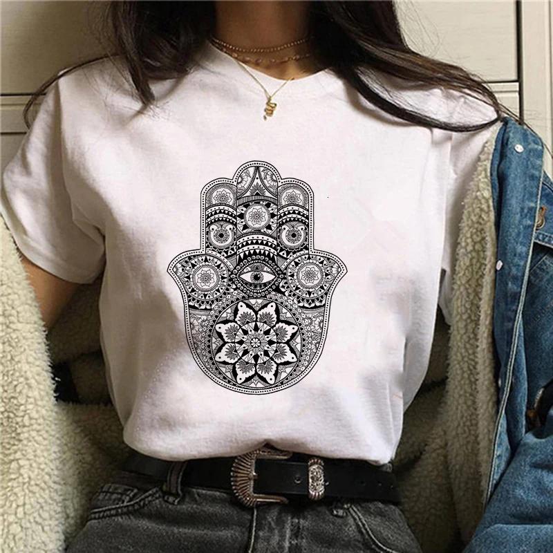 Hamasa Hand der Fatima Print Damen T-Shirts Lucky Hamsa Hand Harajuku Unisex T-Shirts Sommer Kurzarm Schwarzes Top Tees Weiblich