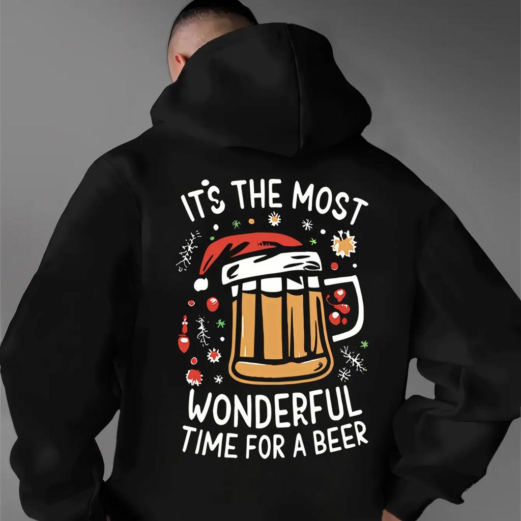 This Christmas-themed beer mug hoodie features a fun text design a casual fit and is unisex. A great holiday gift