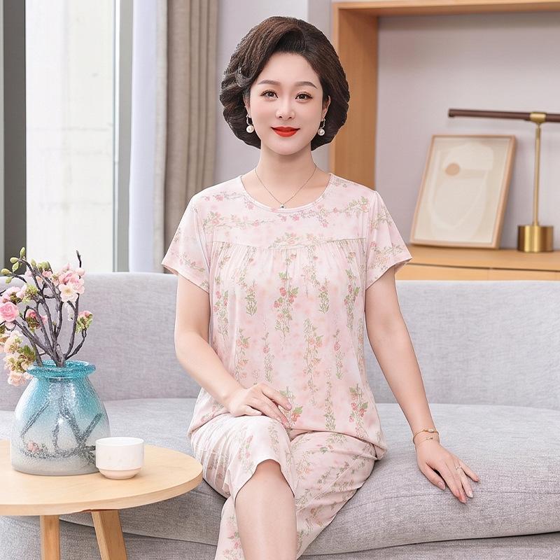 Pijama feminino de algodão e seda para o verão: Conjunto de duas peças, manga curta, folgado, para meia-idade e idosos, tamanho grande, para uso ao ar livre