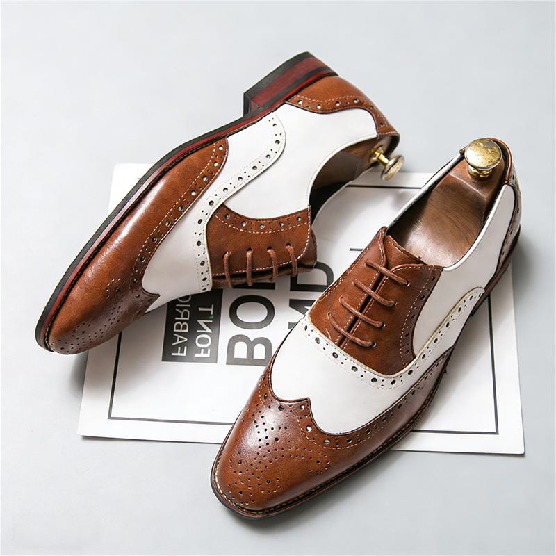 New Designer Men's Pointed Black With White Mixed Patchwork Dress Oxford Shoes Moccasins Wedding Prom Sapato Social Masculino