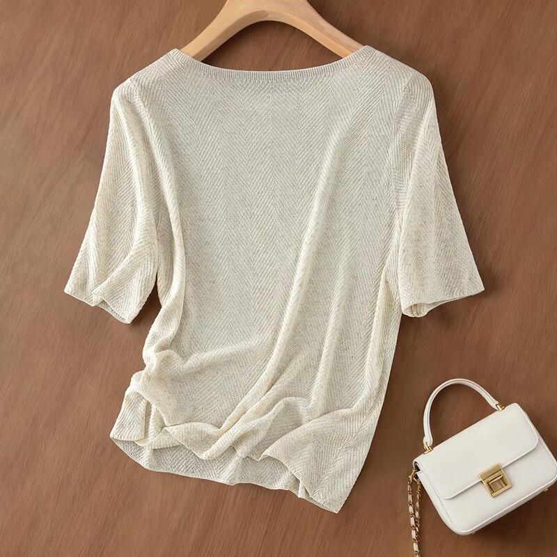 Siboshe Women's Linen Blend Slim-Fit Round Neck Knit Top