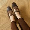 Fashion 2025 New Women Dress Shoes Thick Heels T-Strap Shoes Genuine Leather Shallow Square Toe Pumps Ankle Strap Ladies Shoes Office