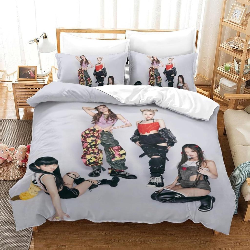 2026 New Star Girl Group JENNIE LISA Bedding Set,Black and Pink Duvet Cover Pillowcase Adult Boy Girl Bedroom Decoration