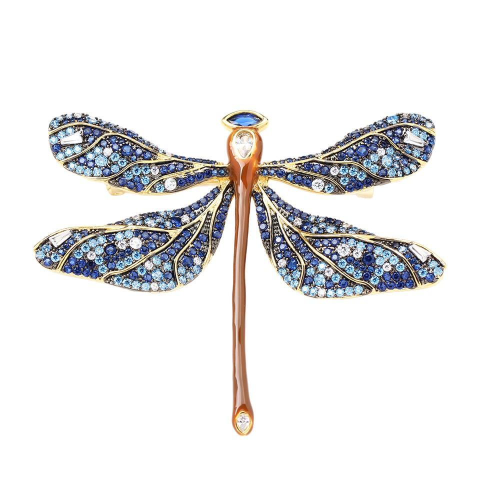 Broche libellula con pietra incastonata in zircone blu di lusso di nicchia, spilla da cappotto da insetto di lusso atmosferica, anti-luce femminile
