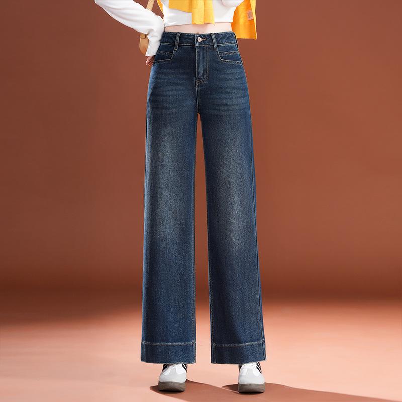 2025 Autumn Women s Retro Blue Denim Wide-Leg Casual Slim Straight-Leg Pants Medium