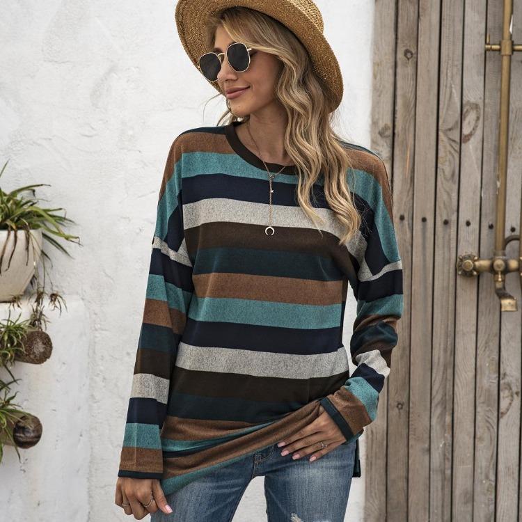 Oversize Women Loose Stripe Sweatshirt Sweater Round Neck Tshirt