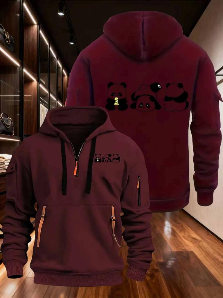 Autumn and winter men's and women's exquisite multi pocket zipper hooded sweatshirt, cute panda pattern, casual and comfortable