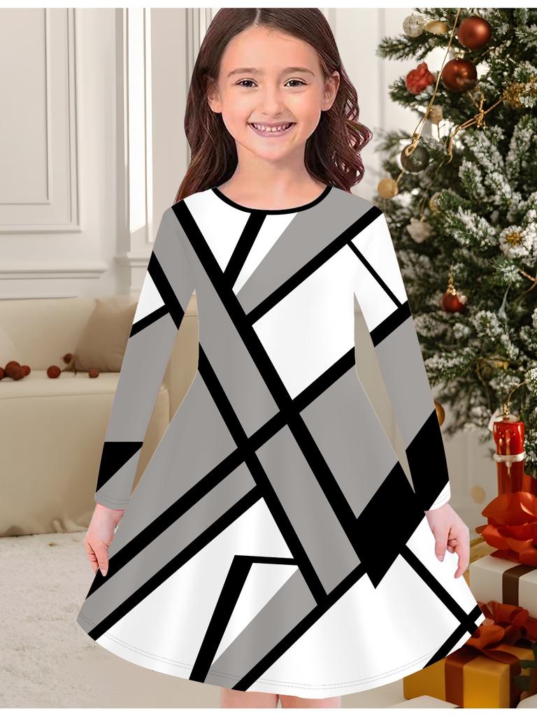 Mädchen Herbst- und Wintermode Kleid, 3D Geometrischer Musterdruck Rundhalsausschnitt Lang Kinder-T-Shirt Kleid, Lässig Vielseitig, Weihnachtskleidung