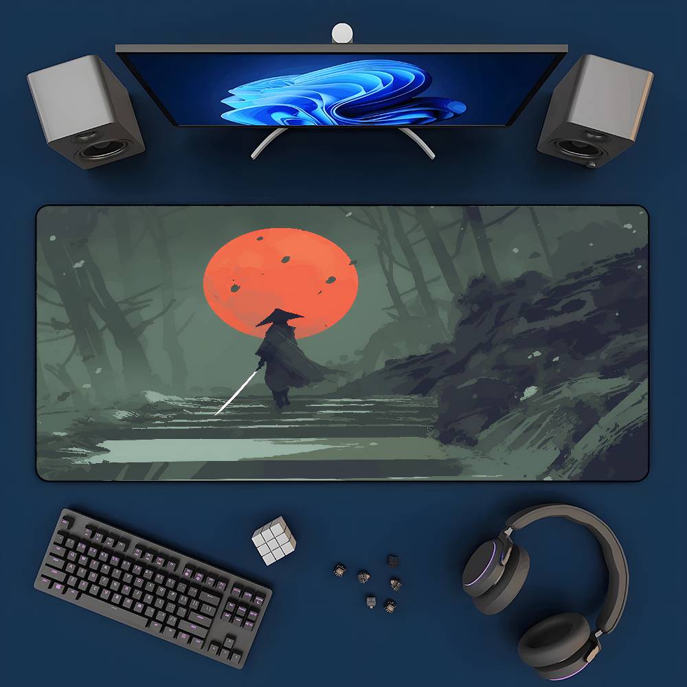 Japanese Samurai Desk Mat XXL Black and White Gaming keyboard mat large Oni Samurai extended deskpad Ghost of Tsushima Mousepad