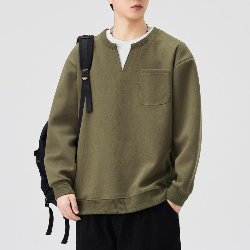 American Trendy Brand Solid Color Fake Two V-neck Sweater Men's Autumn and Winter New Pullover Long-sleeved Bottoming Shirt