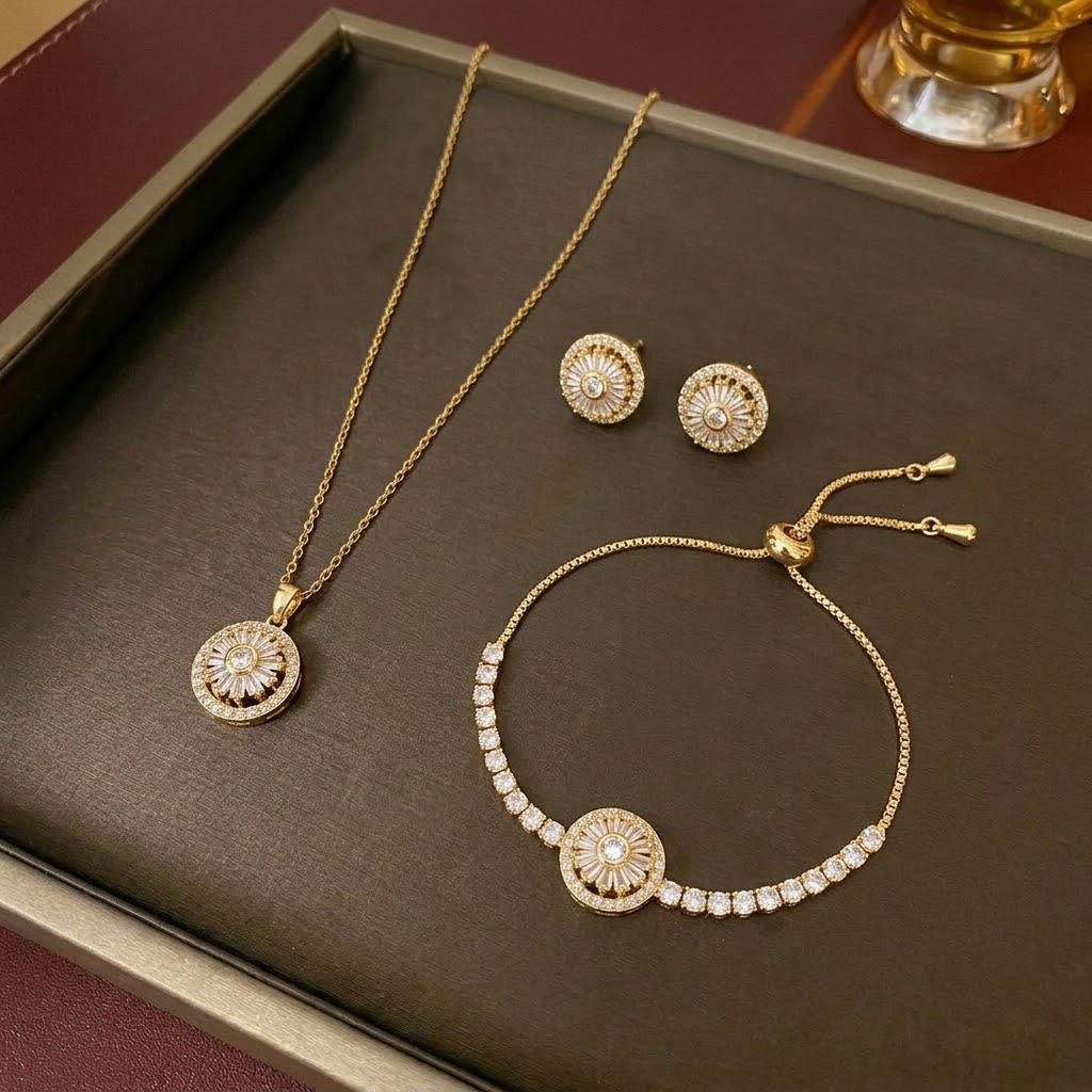 Women's Fashion Necklace & Bracelet Set: Flower Pendant, Diamond Bauhinia Earrings