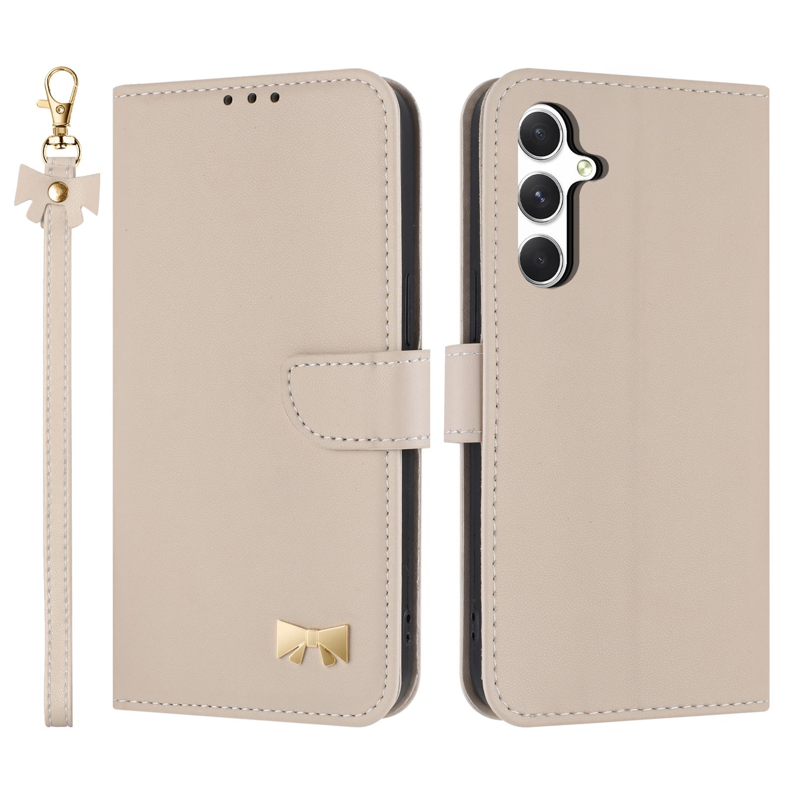 

For Samsung Galaxy A55 5G Case Bowknot Decor Wallet Leather Phone Cover with Wrist Strap Khaki