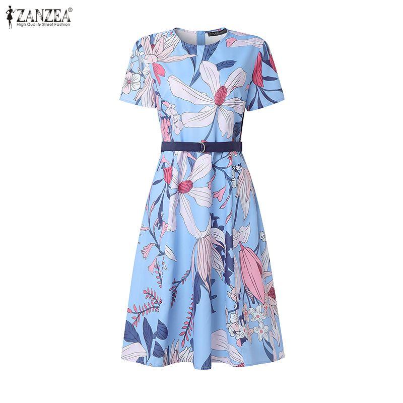 ZANZEA Women Summer Casual Round Neck Short Sleeve Boho Floral Print Dress