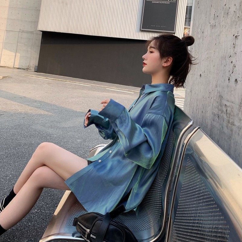 Blusa lisa, camisa de gasa de sirena brillante, Tops sencillos holgados de manga larga para primavera y verano para mujer