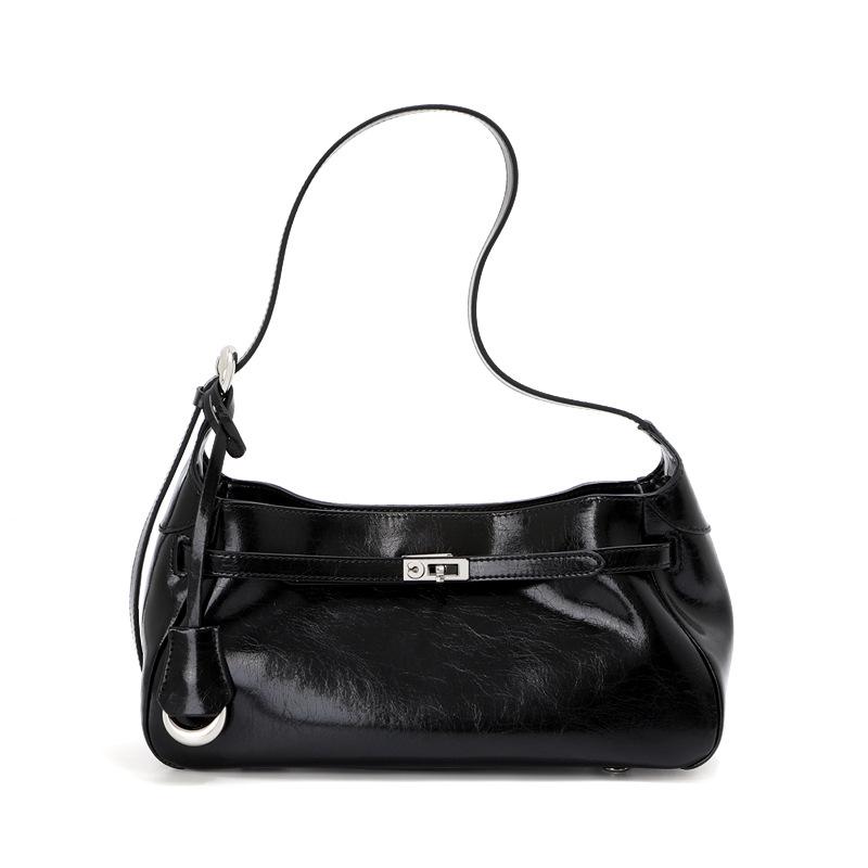 Large Capacity Tote Bag Cowhide Niche Design Leather Underarm Bag Women's Black Commuter Shoulder Messenger Bag