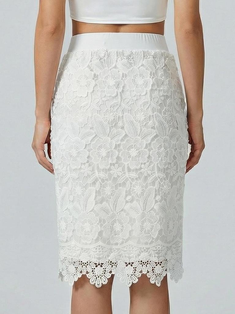 Elegant High-Waisted Lace Midi Skirt - Slim Fit, Hollow Design, Hip-Hugging Style for Women
