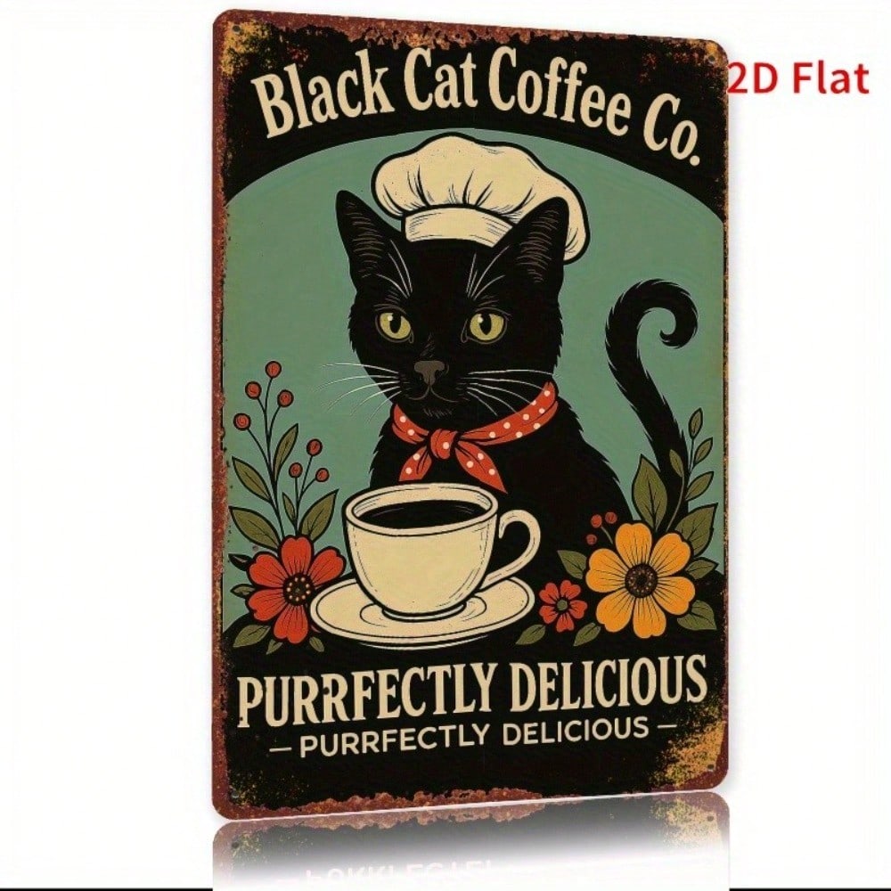 Vintage Black Cat Coffee Tin Sign Retro Metal Wall Art 8x12 Rustic Home Decor